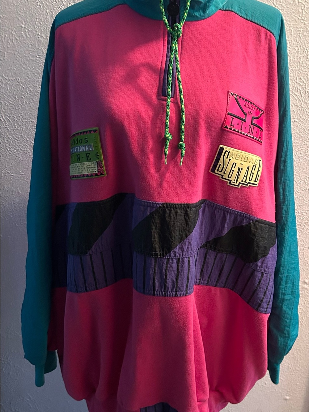 Vintage Adidas Colorblock Fleece Pullover Sweater - Pink & Teal